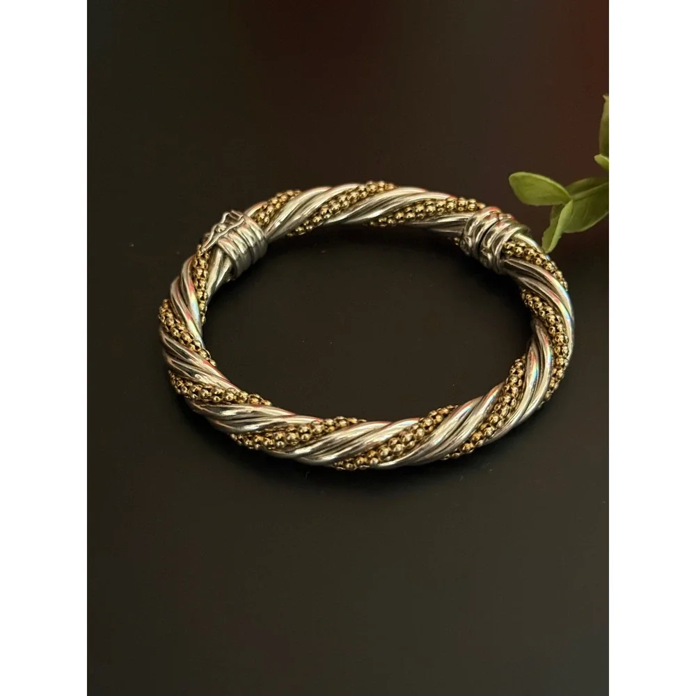 Italian Two Tone Sterling Silver Twisted Cable Popcorn Bangle Bracelet 8mm 31.4g